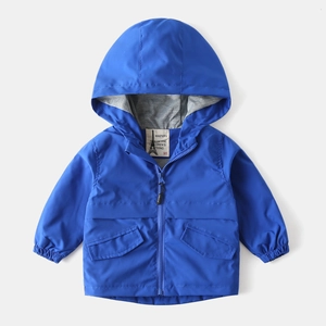 Kids royal blue hooded windbreaker with grey lining and large flap pockets