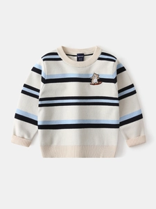 Striped knit sweater for boys featuring a cute skateboarding bear embroidery patch