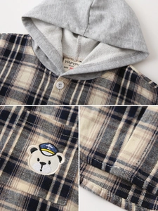 Kids navy plaid hooded shirt with cute bear embroidery and gray knit hood for autumn