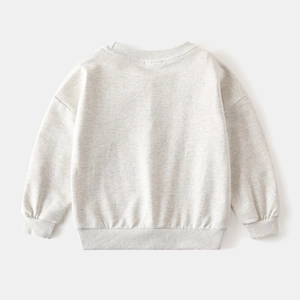 Close-up of the back of a light gray cotton boy's sweatshirt with ribbed cuffs and hem