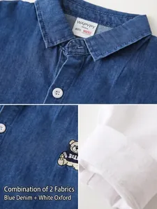 Boys long sleeve denim patchwork shirt with white sleeves and bear embroidery details