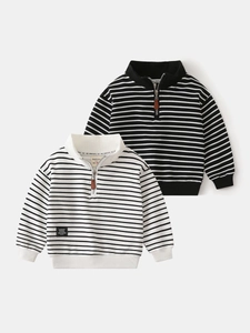 Kids striped half-zip sweatshirt with high collar for boys and toddlers in black and white