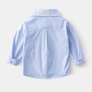 Detail view of boys light blue striped cotton shirt featuring back box pleat design
