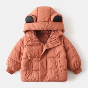 Detail of hooded padded jacket for kids with cute animal ears and ribbed cuffs