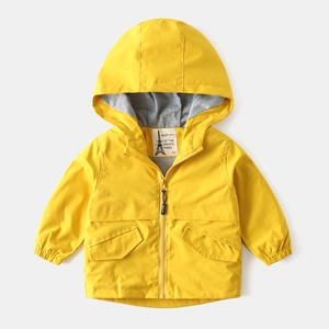 Classic bright yellow hooded jacket for kids with smooth windproof fabric and front zipper