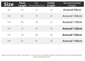 Size chart table for boys' denim jeans from size 90 to 140 showing measurements