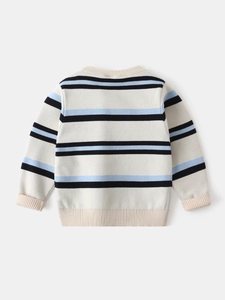 Classic striped knitted sweater for boys with light blue and black horizontal patterns