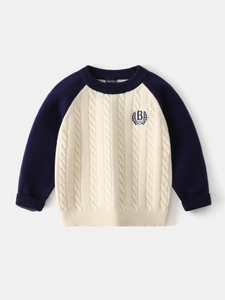 Boys' cream cable-knit sweater with navy ribbed trim and embroidered letter B