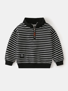 Kids black and white striped sweatshirt with half-zip stand collar and patch detail