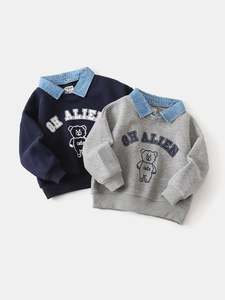 Boys Korean Style Fake Two-Piece Sweatshirt Denim Stitching Collar Cartoon Bear Print Long Sleeve Cotton Blend Pullover