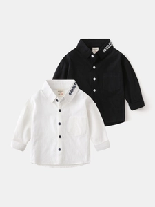 Classic cotton boys' long sleeve shirts with Sunday embroidery in black and white
