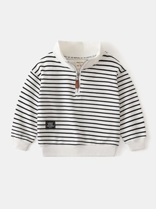 Kids black and white striped long sleeve sweatshirt with half-zip stand collar and patch