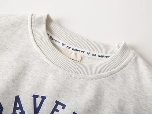 Detail of grey boys sweatshirt ribbed neckline and scholastic letter print design