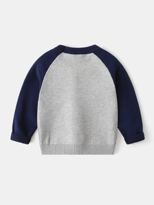 Kids grey and navy blue raglan sleeve knitted sweater with cute dog pattern design
