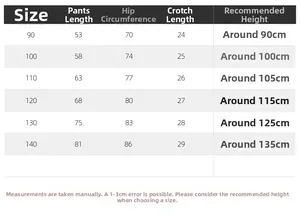 Detailed size chart for boys' solid color trousers showing length and hip measurements
