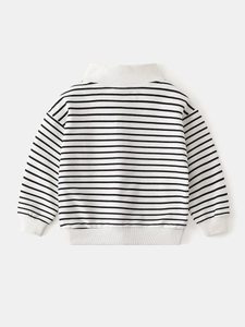 Kids' black and white striped long sleeve sweatshirt with standing collar and zip detail