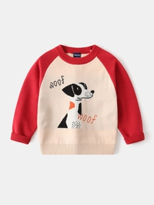 Kids knitted sweater with red raglan sleeves and cute cartoon dog graphic print