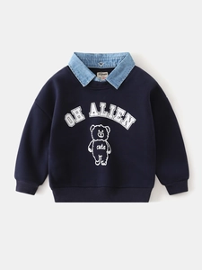 Navy boys' sweatshirt with denim collar, bear graphic, and 'OH ALIEN' print