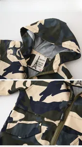 Detail of kids hooded camouflage jacket featuring blue military print and metal zipper