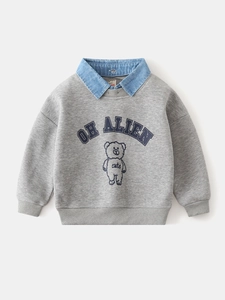 Grey kids' layered sweatshirt with a blue denim collar and cute bear print design