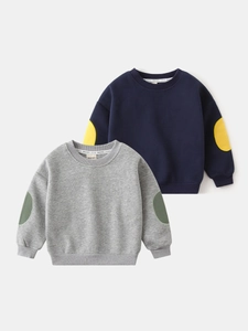 Boys round neck sweatshirts in navy and grey with contrast elbow patches and ribbed cuffs