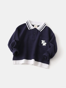 Boys Long Sleeve Polo Shirt Waffle Knit Fake Two Piece Patchwork Contrast Lapel Top Cotton Blend Embroidered Kids Clothing
