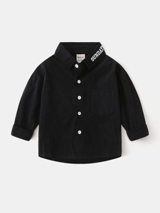 Classic black boys cotton shirt with white SUNDAY embroidery and button details