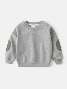 Boys grey crewneck sweatshirt with green elbow patches and ribbed cuffs in soft cotton
