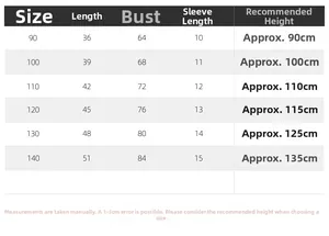 Detailed size guide table for boys cotton cartoon shirt showing measurements from 90 to 140