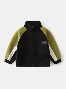Boys Fleece Lined Jacket Winter Warm Thickened Color Block Zipper Hoodie Stand Collar Sweatshirt For Kids Baby Coat