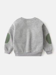 Boy's gray cotton long-sleeve sweatshirt with green elbow patches and ribbed cuffs