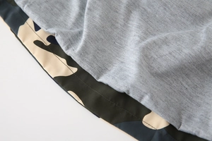 Detailed close-up of camouflage windbreaker fabric with soft grey knit lining for kids
