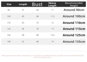 Size chart for boys' short-sleeved plaid shirt showing measurements for sizes 90-140cm