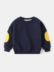 Navy blue boys long sleeve sweatshirt with yellow elbow patches and ribbed cuffs
