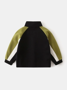 Kids warm fleece jacket in black and olive green color-block design with high collar back view