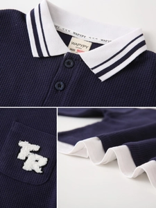 Kids navy waffle knit long sleeve polo shirt with faux layered hem and chest embroidery