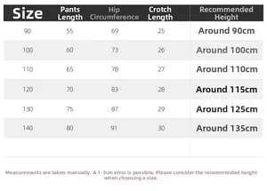 Detailed size chart for boys denim jeans including length and height recommendations