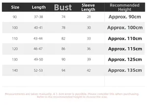 Detailed size chart for boys floral long sleeve shirts including length and bust measurements