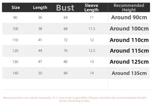 Detailed size chart for children white short sleeve shirt with length and chest measurements