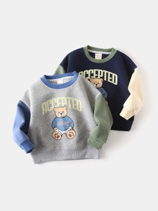Boys Korean Style Patchwork Sweatshirt Cartoon Bear Printed Long Sleeve Cotton Blend Casual Round Neck Pullover Top