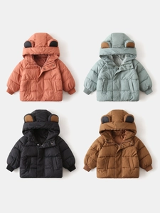 Kids Winter Hooded Cotton Padded Jacket With Animal Ears Solid Color Thickened Warm Windproof Outwear Coat For Toddlers