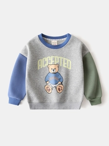 Kids color-block crewneck sweatshirt with cartoon bear print in gray, blue and green
