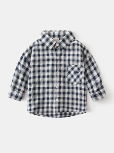 Chemise à manches longues à carreaux bleu et blanc pour garçon avec détail petit baleine
