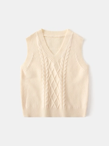 Beige kids knit V-neck vest with classic cable knit patterns in soft cotton blend