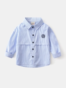 Boys Casual Striped Long Sleeve Shirt Cotton Turn Down Collar Button Up Top With Letter Embroidery For Spring Autumn