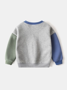 Toddler boy oversized color-block sweatshirt with cartoon bear print and ribbed cuffs