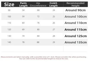 Detailed size chart for boys distressed jeans showing length and hip measurements for 90-140 cm