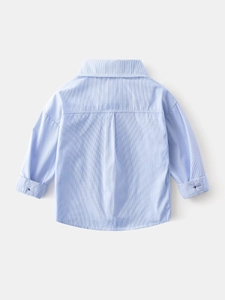Rear view of boys light blue and white striped long sleeve shirt with back pleat