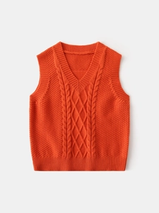 V-neck cable knit orange sweater vest for boys with classic diamond textured pattern