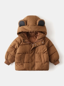 Toddler winter hooded jacket with bear ears in warm brown color featuring quilted design